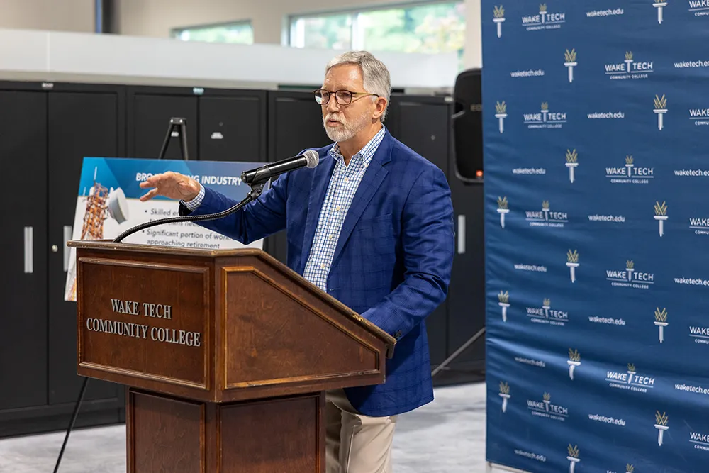 Wake Tech President Dr. Scott Ralls speaks at the ceremony announcing the NCAB Broadcast Technology Academy to train radio engineers at the college.