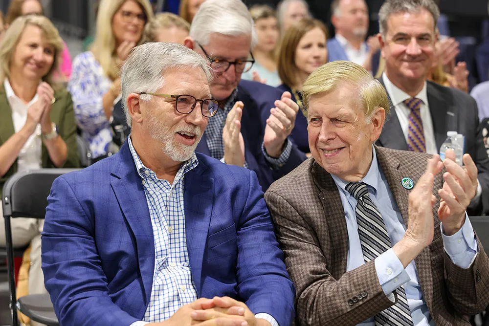 Wake Tech President Dr. Scott Ralls, left, with Don Curtis of Curtis Media Group during the ceremony announcing the NCAB Broadcast Technology Academy to train radio engineers at the college.