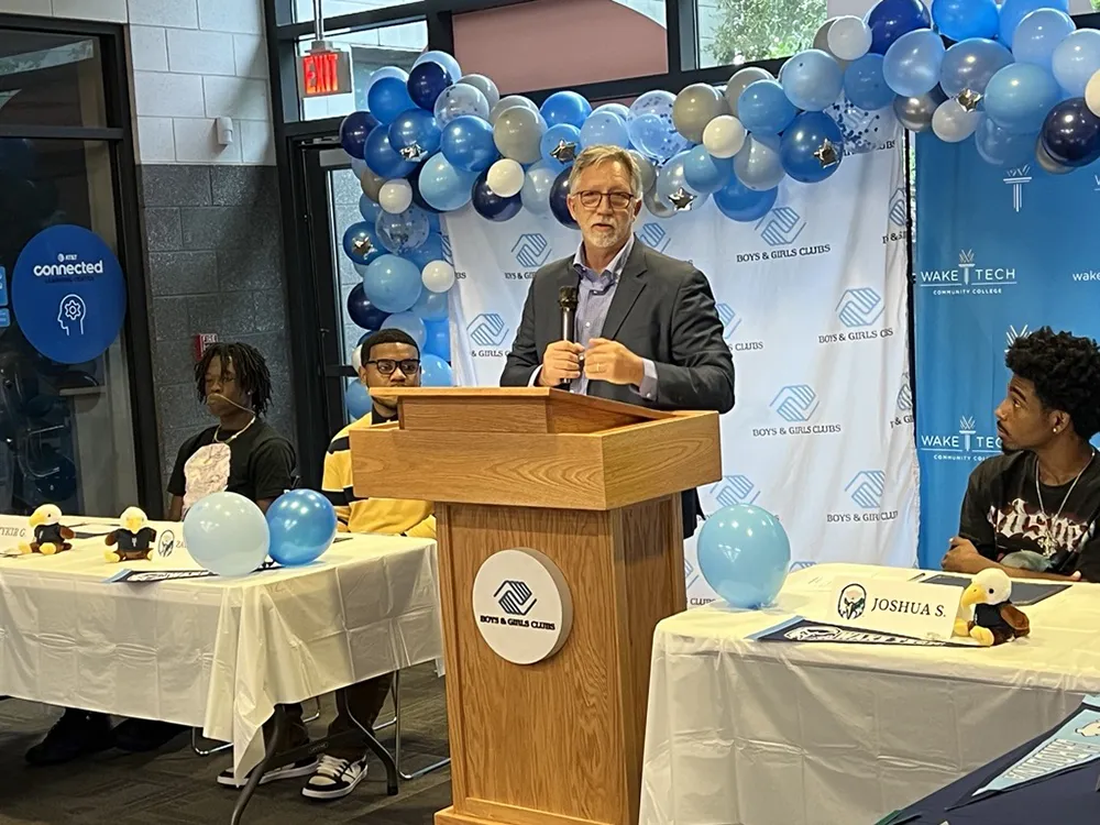 Wake Tech President Dr. Scott Ralls speaks during the Boys & Girls Clubs of Wake County event.