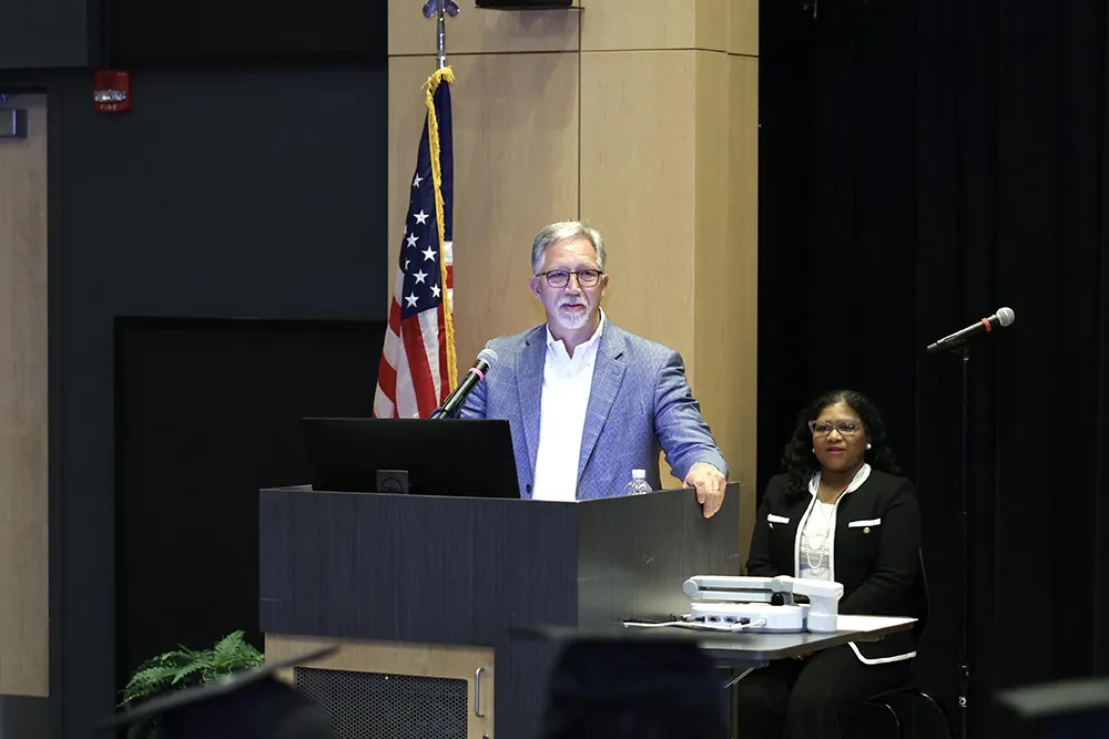 Wake Tech President Dr. Scott Ralls speaks at the Pathfinder commencement ceremony on June 19, 2025.
