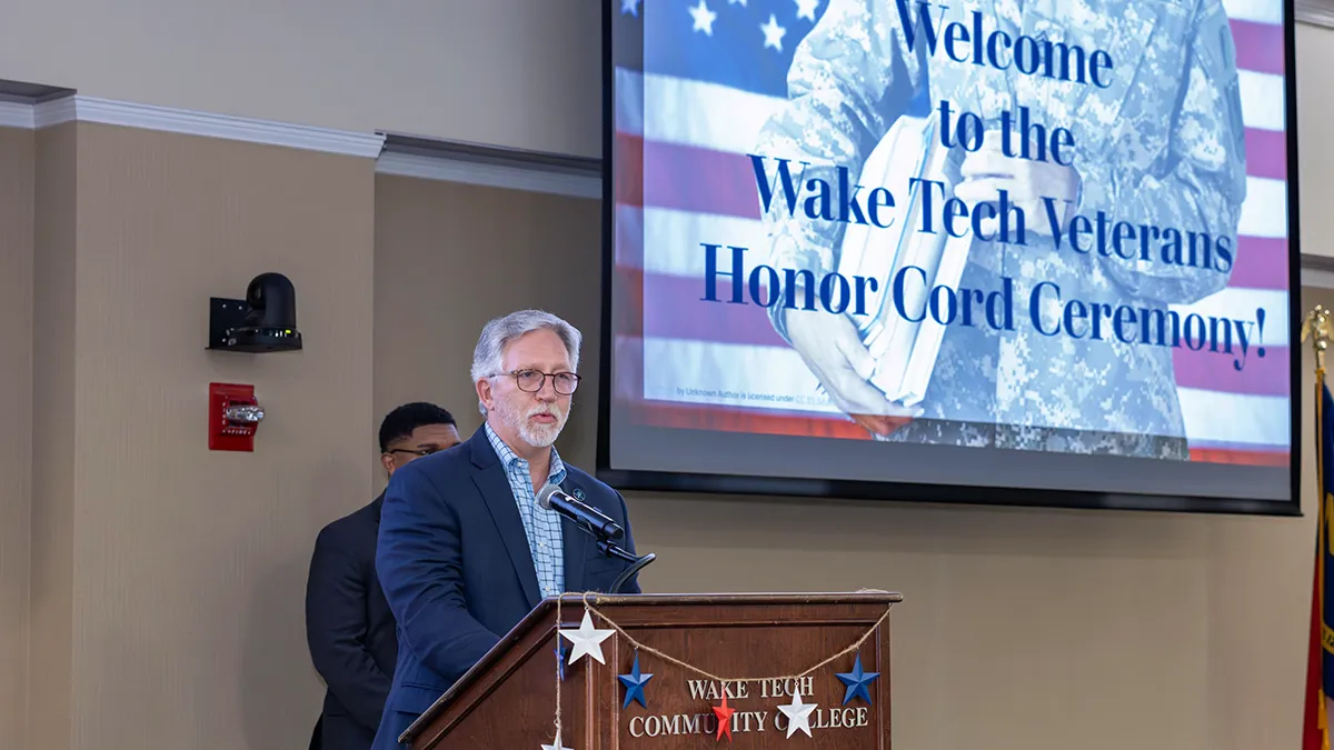 Wake Tech President Dr. Scott Ralls speaks to student veterans.