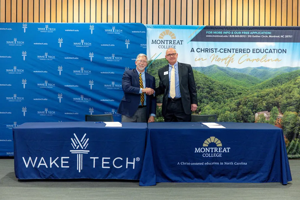 Wake Tech and Montreat College officials sign a credit transfer agreement for two programs