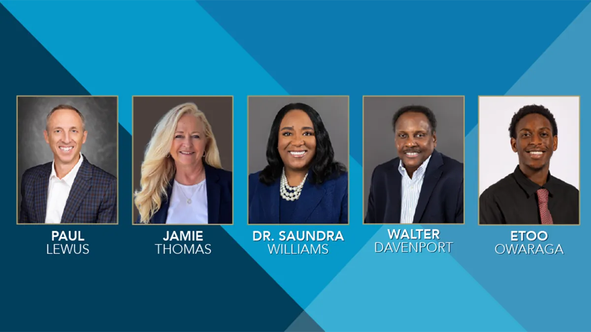 Composite photo of Board of Trustees members Paul Lewus, Jamie Thomas, Saundra Williams, Walter Davenport and Etoo Owaraga
