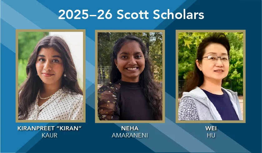 Composite image of Kiranpreet "Kiran" Kaur, Neha Amaraneni and Wei Hu, Wake Tech's 2025-26 Scott Scholars