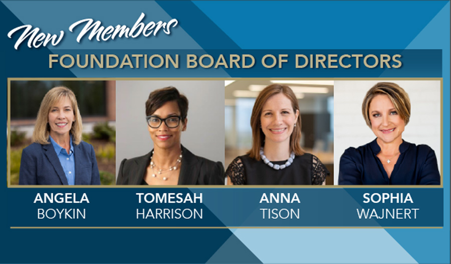 A graphic showing new Wake Tech Foundation board members Angela Boykin, Tomesah Harrison, Anna Tison and Sophia Wajnert.