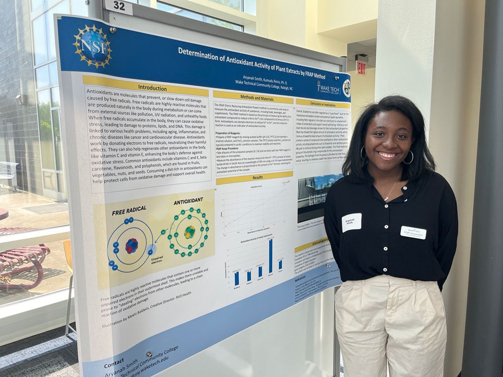 Student Aryanah Smith stands with a poster detailing research she conducted in Wake Tech's START program.