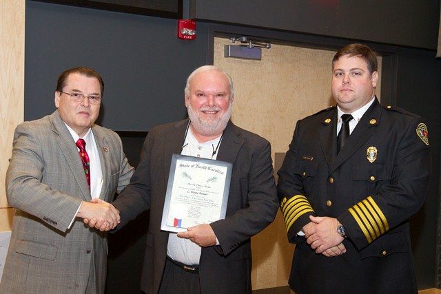 Dr. Stephen Scott, WTCC President; Wayne Brower, Dir., Fire Services Program; Matt Poole, Wake Association of Fire Chiefs