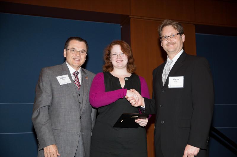 Dr. Stephen Scott, Wake Tech President; Eileen Fitzgerald, Student; Bryan Ryan, SVP Curriculum Education Services