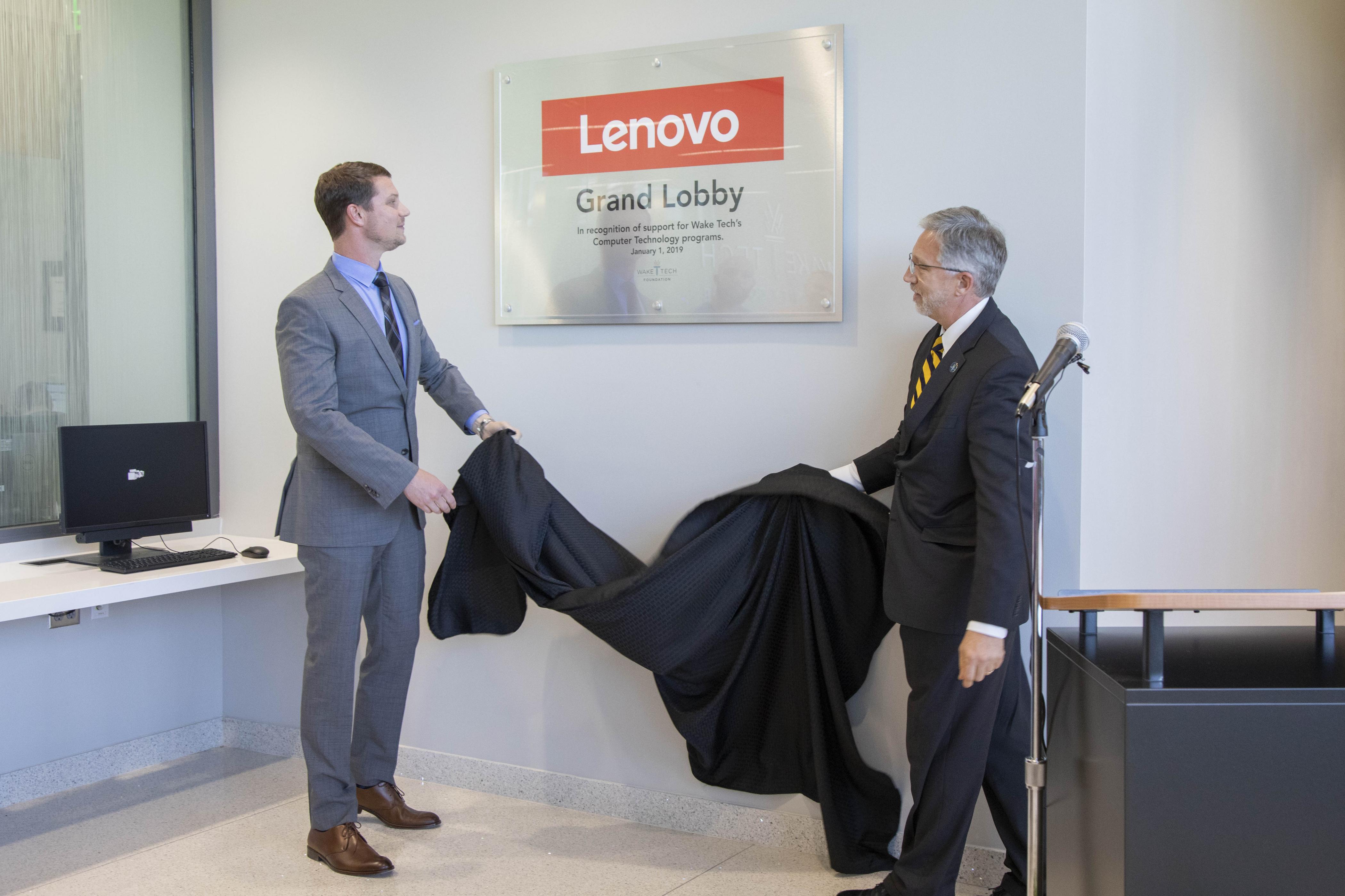 The lobby of the first building at Wake Tech’s RTP Campus will now be known as the Lenovo Grand Lobby.