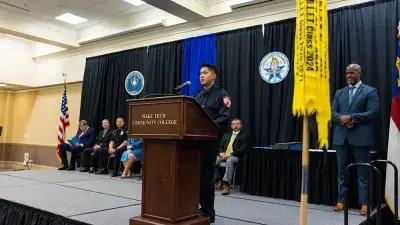 Wake Tech President Dr. Scott Ralls speaks to Basic Law Enforcement Training Academy graduates.