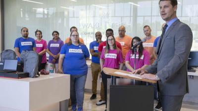 The lobby of the first building at Wake Tech’s RTP Campus will now be known as the Lenovo Grand Lobby.