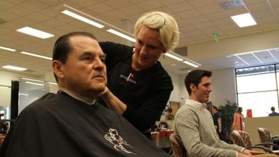 President Dr. Stephen Scott joined members of the Student Government Association getting haircuts in the college Cosmetology Salon.