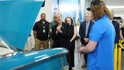 U.S. Energy Secretary Jennifer Granholm greets a Wake Tech student.