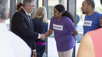 The lobby of the first building at Wake Tech’s RTP Campus will now be known as the Lenovo Grand Lobby.