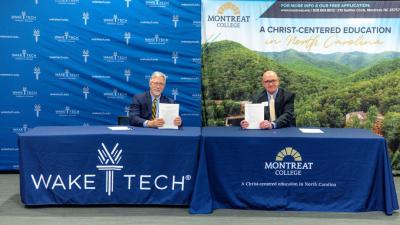 Wake Tech and Montreat College officials sign a credit transfer agreement for two programs