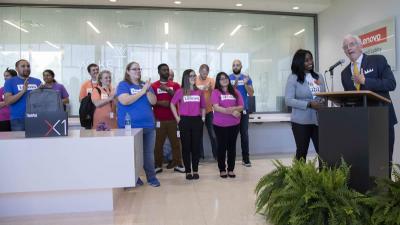 The lobby of the first building at Wake Tech’s RTP Campus will now be known as the Lenovo Grand Lobby.