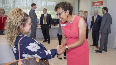 The lobby of the first building at Wake Tech’s RTP Campus will now be known as the Lenovo Grand Lobby.