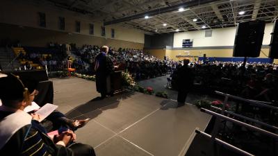 “Graduates, you and I share something in common today,” Wake Tech President Scott Ralls told the crowd. “This is our first time participating in a Wake Tech graduation.”