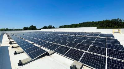 Rooftop solar panels are among the sustainability features at Wake Tech East.
