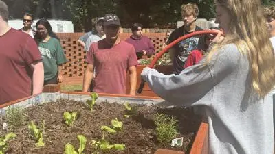 Wake Tech students plant seedlings in the vegetable garden on Southern Wake Campus.