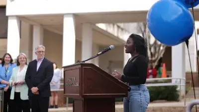 Image of students celebrating the reopening of Building C on the Southern Wake Campus, marking a major milestone in expanding innovative, STEM focused learning spaces for students.