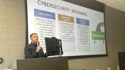 A delegation of 22 officials from East Asia and the Pacific visited Wake Tech's RTP Campus on June 17, 2025, to learn more about the college's Cybersecurity training programs.