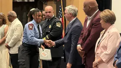 Twenty cadets graduated from the Career in a Year Fire Academy, a partnership between Wake Tech and Wake County, on June 18, 2025.