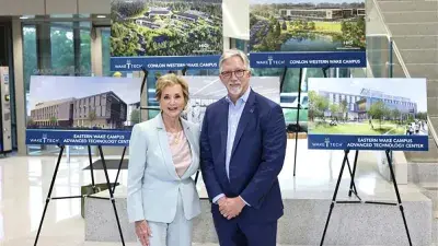U.S. Education Secretary Linda McMahon talks with Wake Tech President Dr. Scott Ralls during a June 25, 2025, visit.