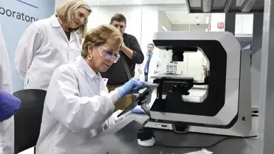 U.S. Education Secretary Linda McMahon talks with Wake Tech President Dr. Scott Ralls during a June 25, 2025, visit.