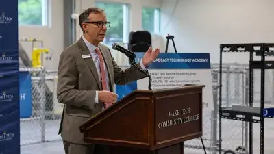 Wake Tech President Dr. Scott Ralls speaks at the ceremony announcing the NCAB Broadcast Technology Academy to train radio engineers at the college.