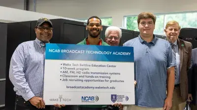 Wake Tech President Dr. Scott Ralls speaks at the ceremony announcing the NCAB Broadcast Technology Academy to train radio engineers at the college.