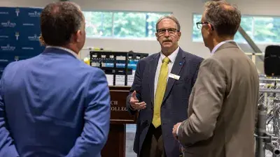 Wake Tech President Dr. Scott Ralls speaks at the ceremony announcing the NCAB Broadcast Technology Academy to train radio engineers at the college.