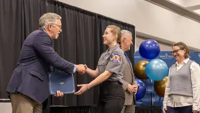 Wake Tech President Dr. Scott Ralls speaks to students who completed the non-degree Emergency Medical Technician–Paramedic program.