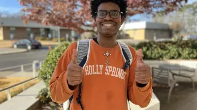 A Wake Tech student on the first day of classes for the Spring 2026 semester.