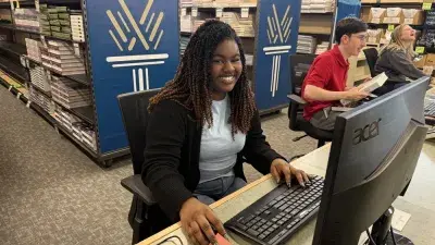 A Wake Tech student on the first day of classes for the Spring 2026 semester.