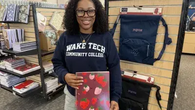 A Wake Tech student on the first day of classes for the Spring 2026 semester.
