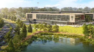 An architectural rendering of an aerial view of Wake Tech's planned Conlon Western Wake Campus