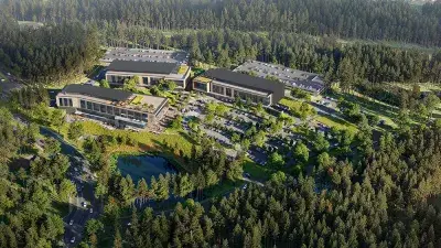 An architectural rendering of an aerial view of Wake Tech's planned Conlon Western Wake Campus