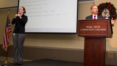 Virginia Parker, Associate Executive Director Wake Tech Foundation; Dr. Stephen Scott, WTCC President