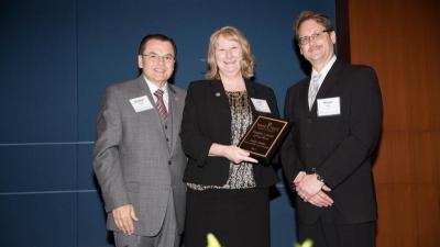 Dr. Stephen Scott, Wake Tech President; Melissa Wahl, Student; Bryan Ryan, SVP Curriculum Education Services