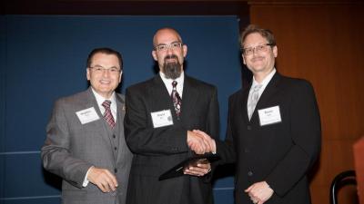 Dr. Stephen Scott, Wake Tech President; Melissa Wahl, Student; Bryan Ryan, SVP Curriculum Education Services