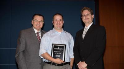 Dr. Stephen Scott, Wake Tech President; Melissa Wahl, Student; Bryan Ryan, SVP Curriculum Education Services