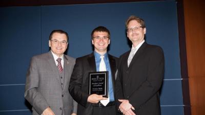 Dr. Stephen Scott, Wake Tech President; Melissa Wahl, Student; Bryan Ryan, SVP Curriculum Education Services