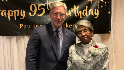 Pauline Tucker, pictured with Wake Tech president Dr. Scott Ralls, was 40 year old when she became one of the first nine students to earn a diploma in the Medical Laboratory Assistant program in 1965.