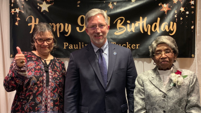 Pauline Tucker, pictured with Wake Tech president Dr. Scott Ralls, was 40 year old when she became one of the first nine students to earn a diploma in the Medical Laboratory Assistant program in 1965.