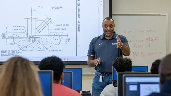 Construction Management Technology Instructor Keith Gray teaches a blueprints reading class.