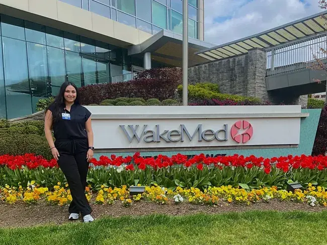 Wake Tech graduate Lindsay Gonzalez outside WakeMed